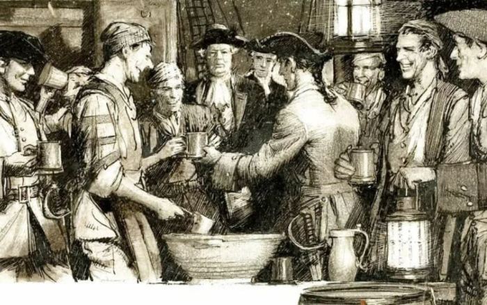 Иллюстрация изображающая моряков 18 века, которым раздают напитки