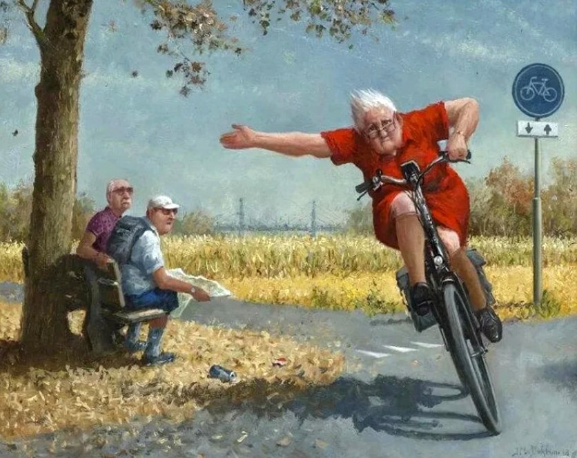 Старичок на велосипеде мчится с огромной скоростью картина Мариуса ван Доккума