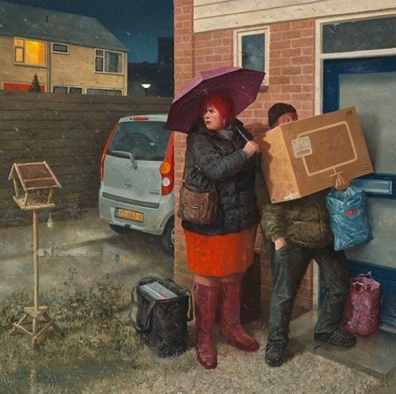 Пожилая женщина ищет ключ в сумочке на улице картина Мариуса ван Доккума