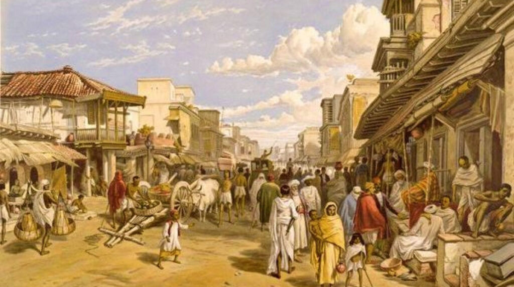 Оживленный восточный базар: торговцы, покупатели, повозки и лавки с товарами