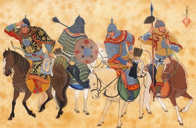 Воины хана Батыя в доспехах верхом на конях пересекают реку в походе