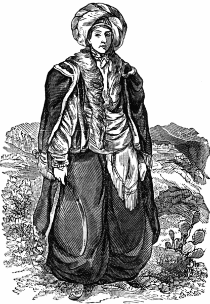 Эстер Стэнхоуп в мужском восточном костюме &mdash; шаровары, тюрбан, сабля