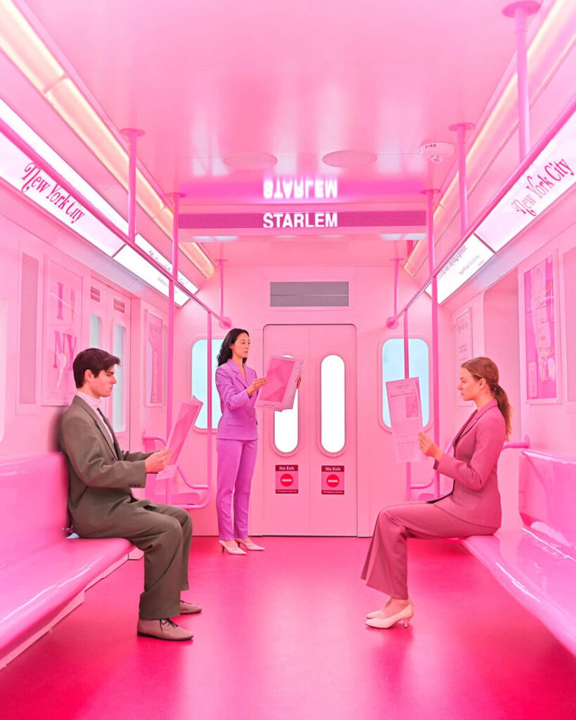 Группа людей в деловых костюмах в розовом вагоне метро с газетами 