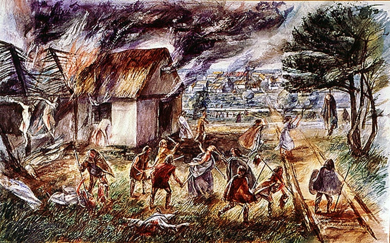 Картина 'Резня в Лондиниуме', на которой кельты атакуют римское поселение