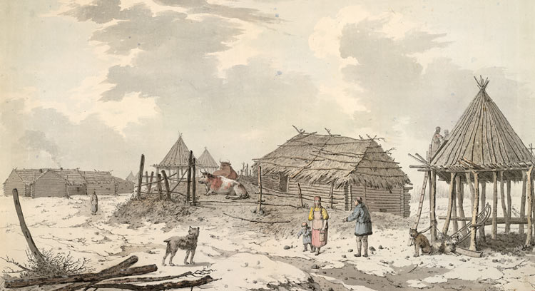 Гравюра с изображением Большерецка на Камчатке в середине 18 века