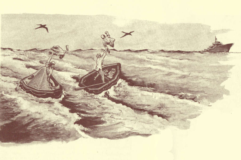 Морис Бэйли на плоту, страдающий от болезни