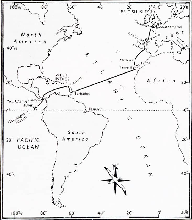 Карта маршрута яхты Ауралин через Атлантику к Панамскому каналу