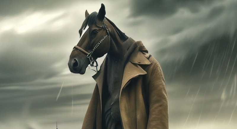 Абстрактное изображение, иллюстрирующее загадочное выражение конь в пальто