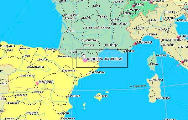 Карта Европы с выделенным крошечным государством Андорра между Испанией и Францией