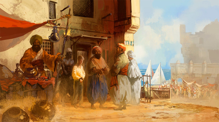 Славянский невольник в цепях на невольничьем рынке в Кафе среди торговцев и покупателей