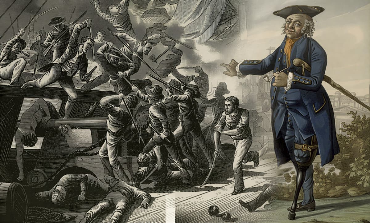 Пират с деревянной ногой, повязкой на глазу и попугаем на плече в классическом образе