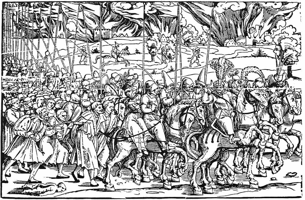 Гравюра XVI века татары ведут связанных пленников ясырь в степи