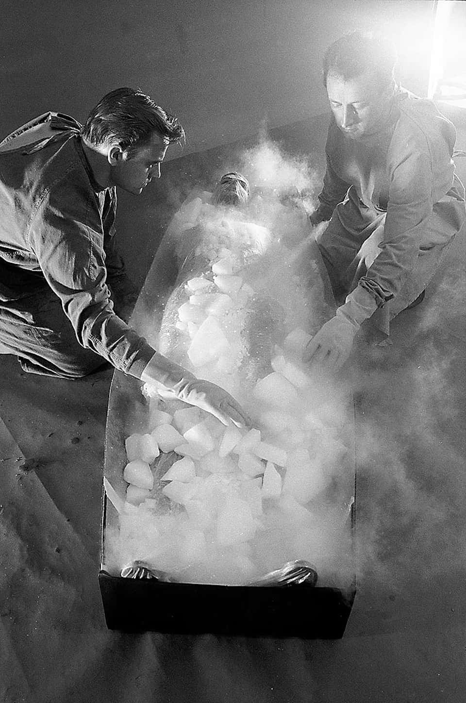 Два человека держат ящик со льдом в котором лежит тело