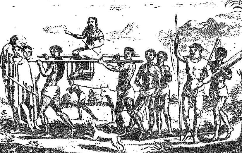 Рисунок с Беневским и его мадагаскарскими подданными у крепостной стены