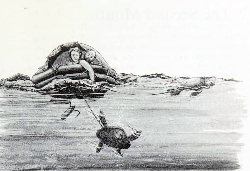 Мэрилин Бэйли и ее муж на плоту ловят черепаху - рисунок Мэрилин