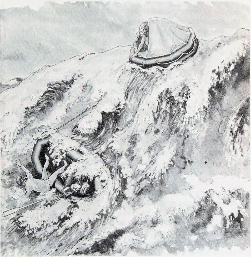 Инфографика с иллюстрацией падения Мориса Бэйли за борт плота