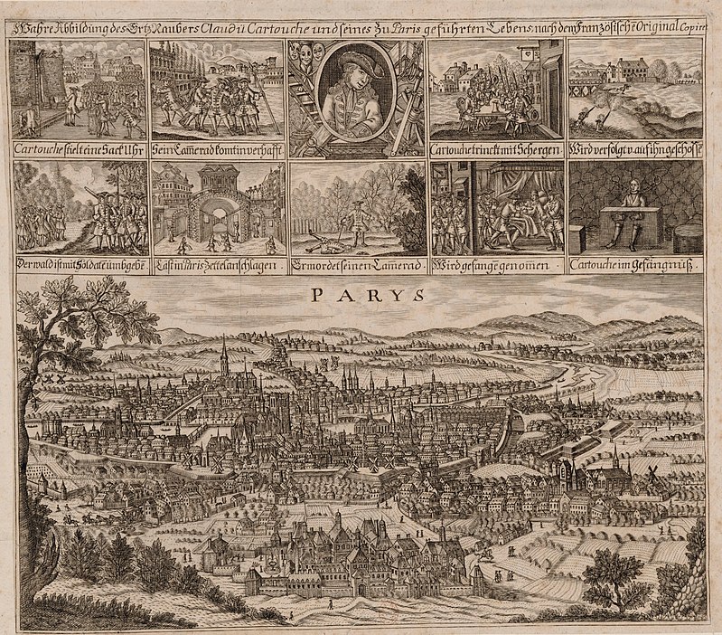 Гравюра XVIII века: портрет Картуша и сцены его преступлений