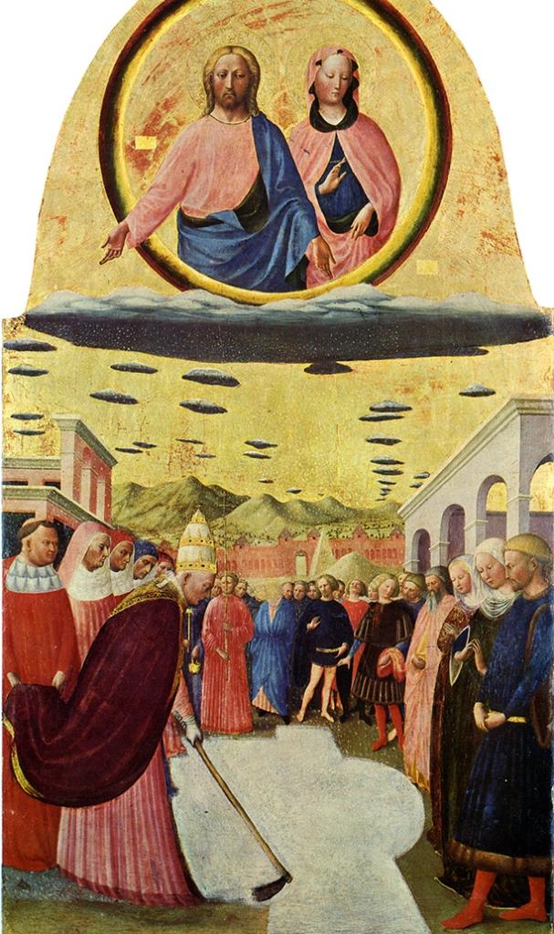 Фреска Чудо снега Мазолино да Паникале с множеством дискообразных НЛО в небе