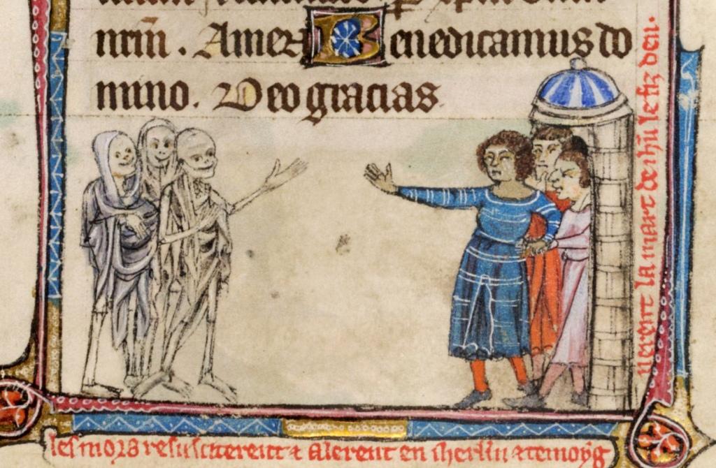 Средневековая миниатюра: живые люди встречают группу скелетов-смертей, дружелюбно общаются