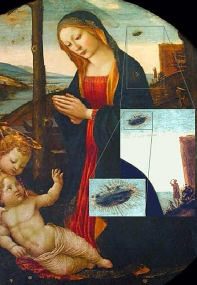 Мадонна с младенцем и святым Джованнино Гирландайо XV век с овальным объектом в небе