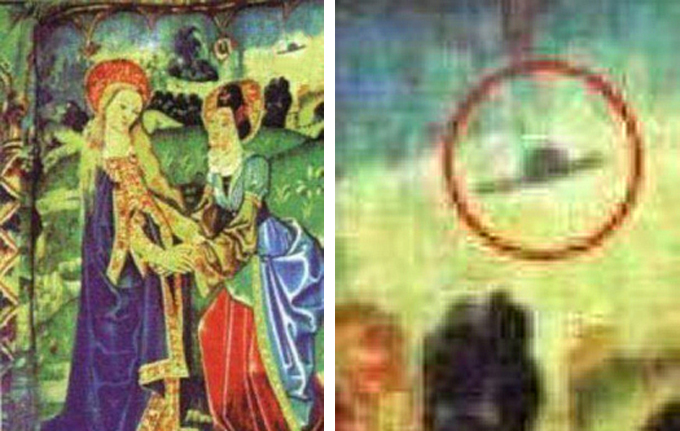 Гобелен Магнификат с дискообразным объектом в форме шляпы над сценой