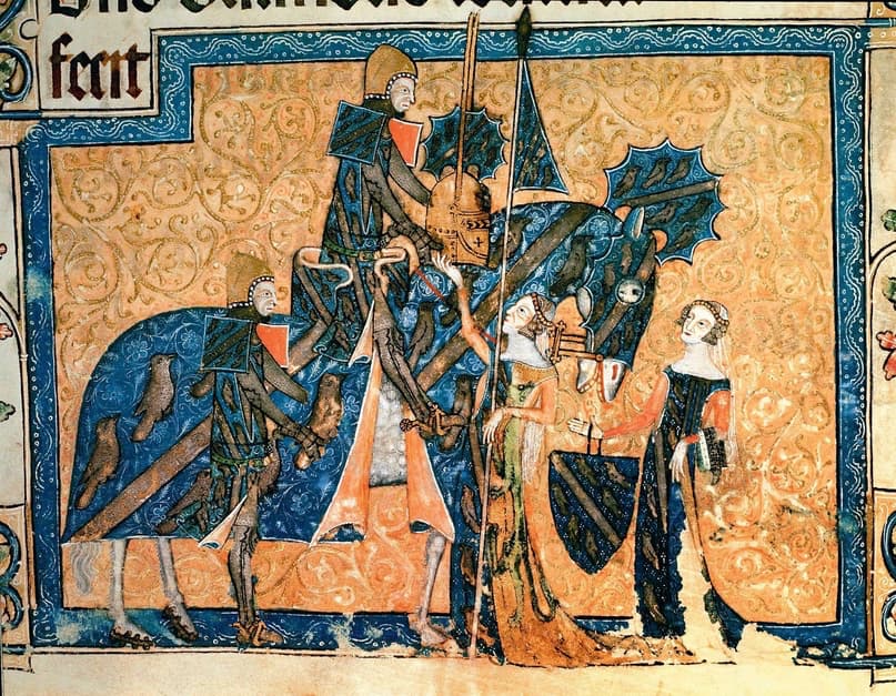 Средневековая иллюстрация рыцаря и дам