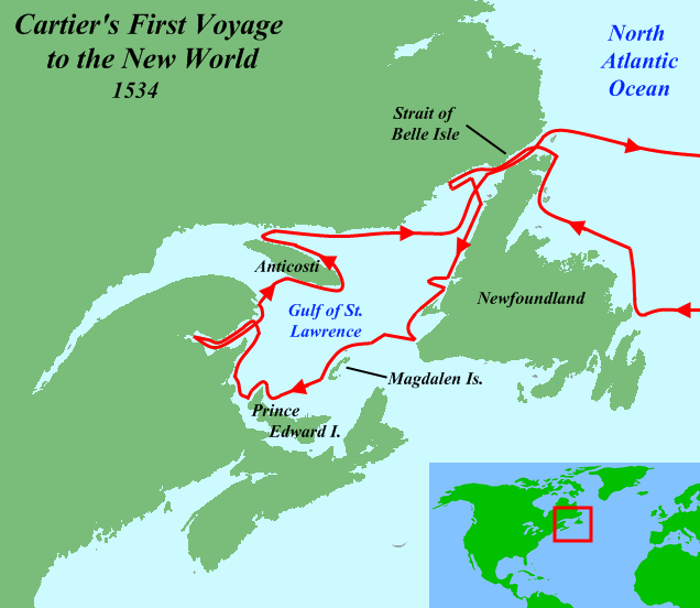 Карта первой экспедиции Жака Картье (Jacques Cartier) в 1534 году