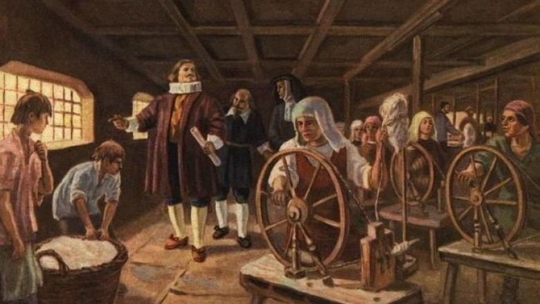 Рисунок рабочих на ткацкой мануфактуре 18 века