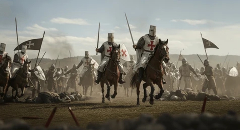 Рисунок с изображением атаки рыцарской конницы крестоносцев