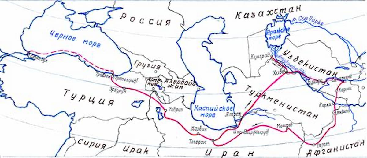Карта маршрута путешествия Арминия Вамбери по Средней Азии 1863 года
