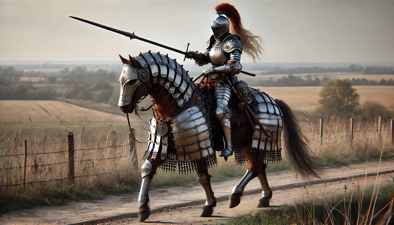 Кадр с рыцарем в полных доспехах верхом на коне