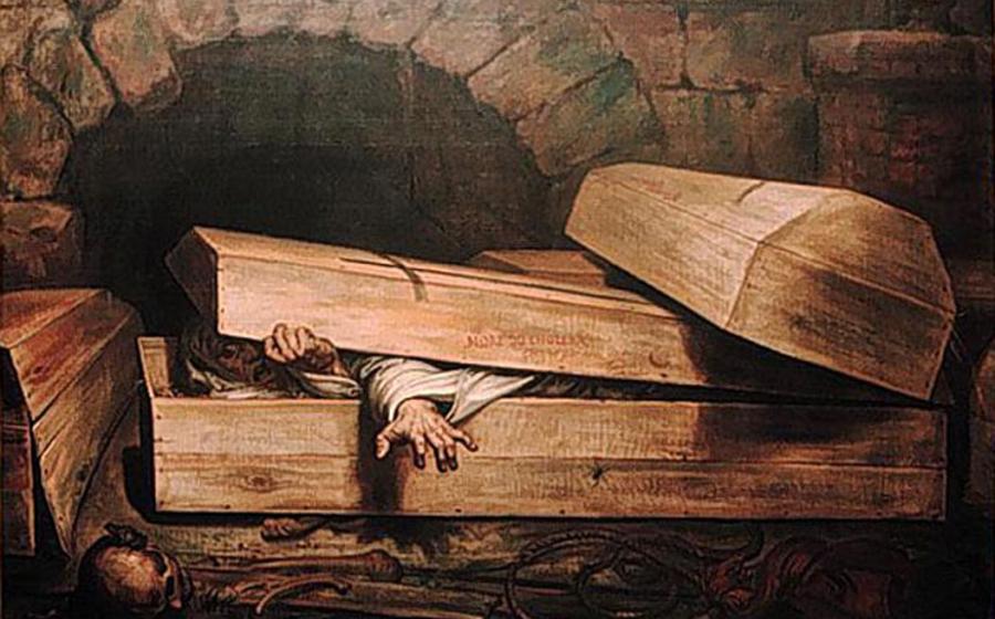 Классическое изображение нахцерера: мертвец в гробу грызёт свой саван, лежа лицом вверх