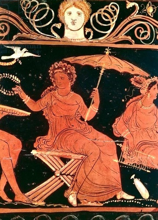Античная ваза: женщина с зонтом от солнца, Древняя Греция