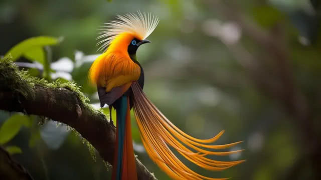 Райская птица с длинными разноцветными хвостовыми перьями и металлическим оперением на груди