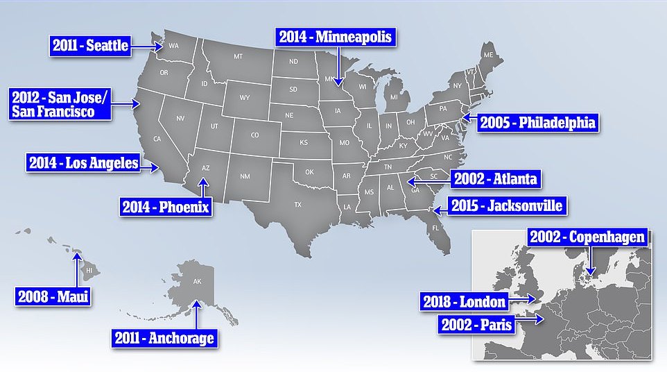 Карта доказанных безбилетных перелётов Marilyn Hartman по США