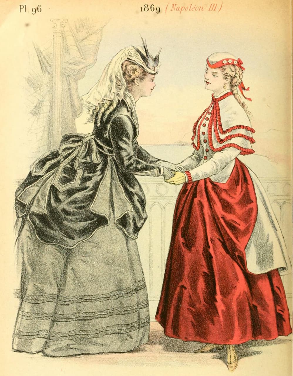 Две французские дамы 1869 года в шляпах 