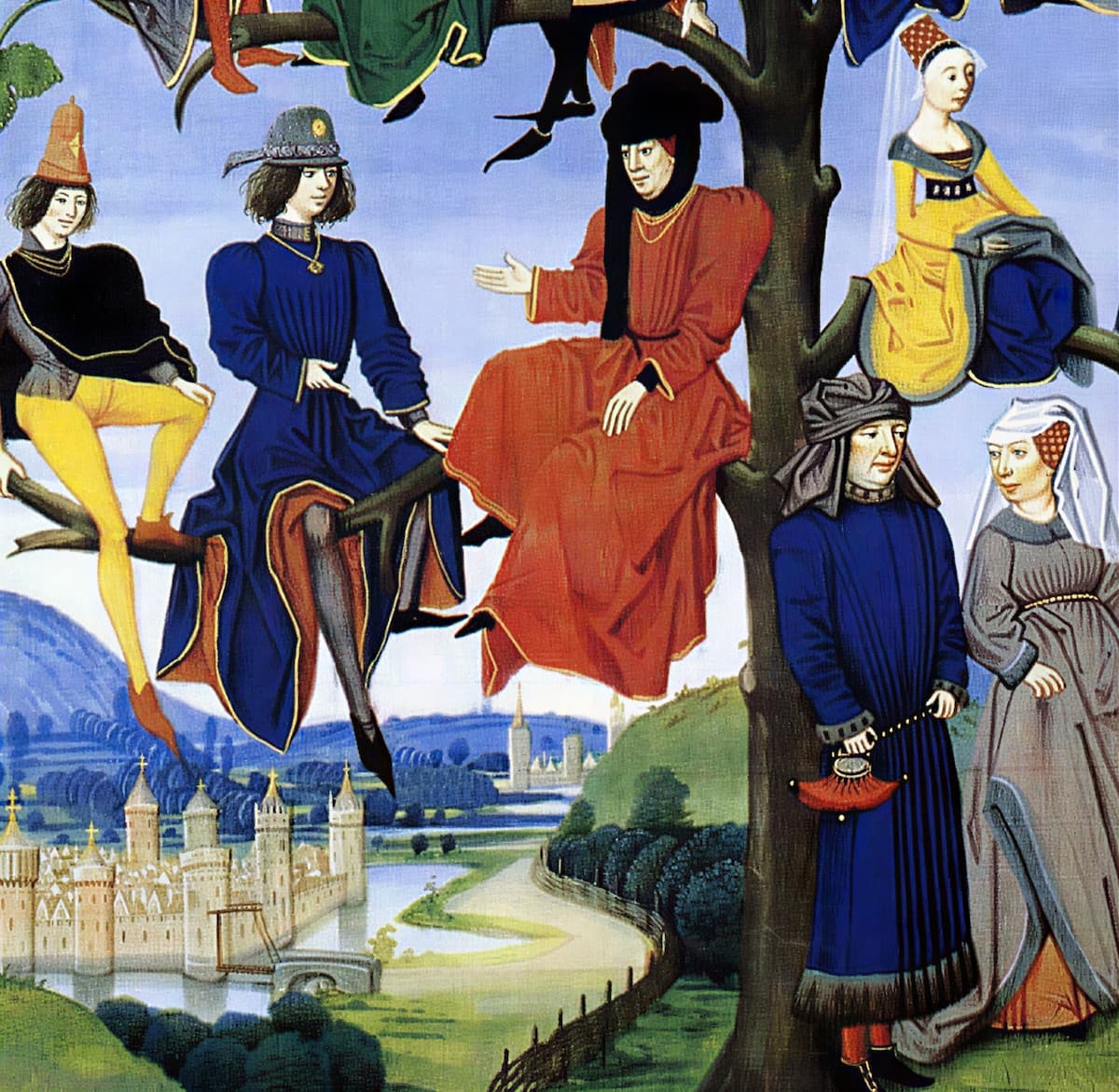 Средневековая европейская аристократия в одеждах синего цвета, окрашенных индиго