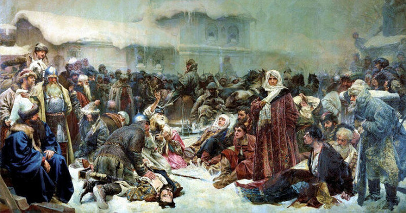 Иван III в походе против Новгорода и Марфы Борецкой на фоне древнерусского пейзажа