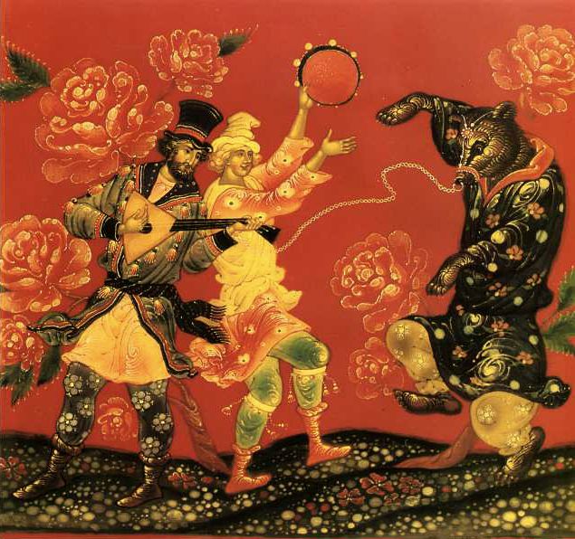 Палехская роспись с изображением скоморохов, играющих на музыкальных инструментах