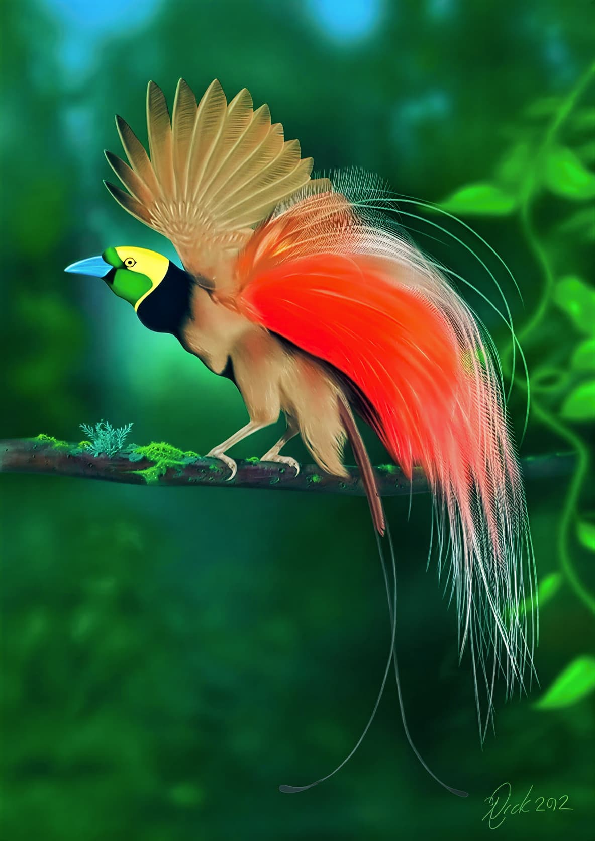 Самец райской птицы в брачном наряде с длинными изумрудными перьями и спиралевидным хвостом