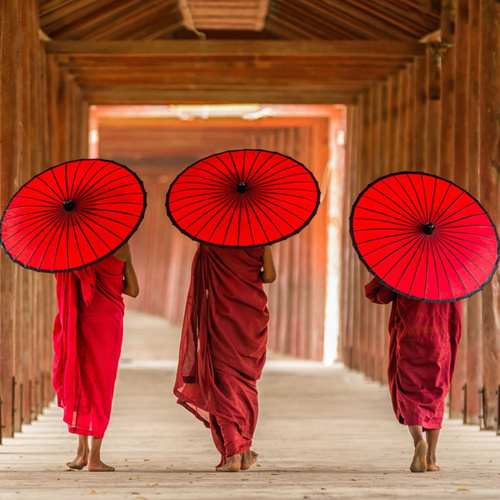 Буддийские монахи с ритуальными зонтами из жёлтой ткани