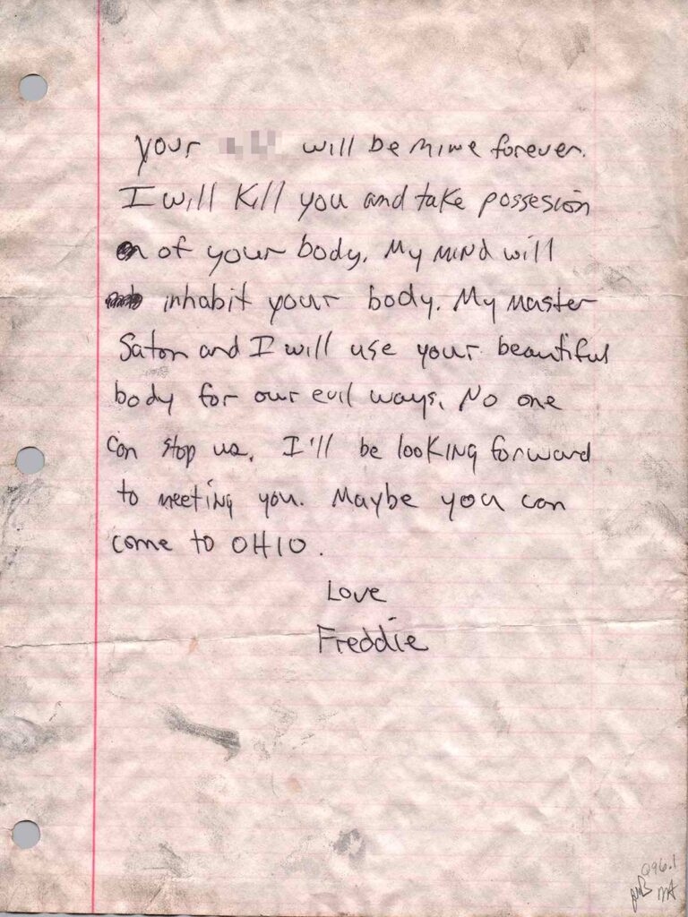 Одно из угрожающих писем сталкера Фредди Крюгера в адрес Eva LaRue