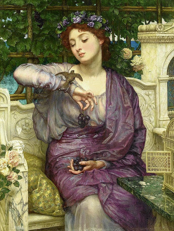 Лесбия и воробей нежная жанровая картина Edward John Poynter