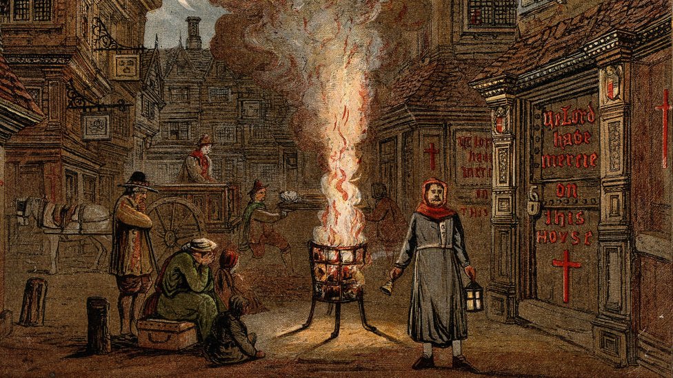 Средневековая ночь с факелами и кострами стражи