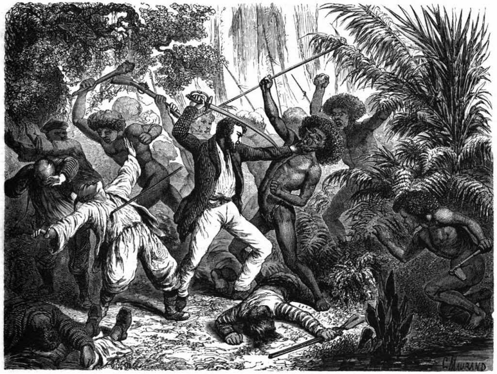 Стычка французских моряков с туземцами острова Rossel рисунок XIX века