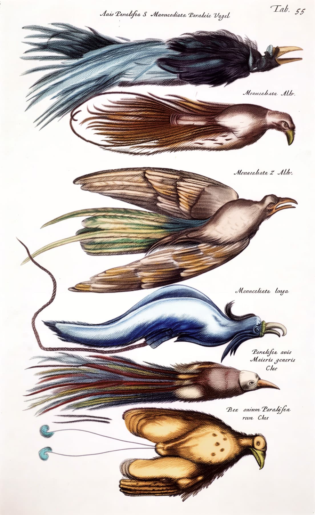 Старинная иллюстрация XVIII века с разными видами райских птиц с длинными яркими хвостами