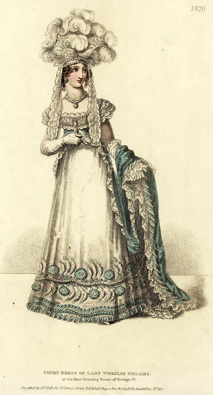 Молодая викторианская женщина в шляпе с огромным количеством белых страусовых перьев и вуалью