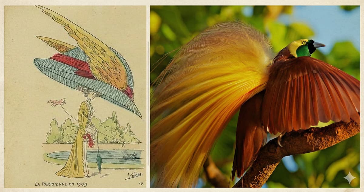 Коллаж - карикатура на женщину в шляпке и райская птица