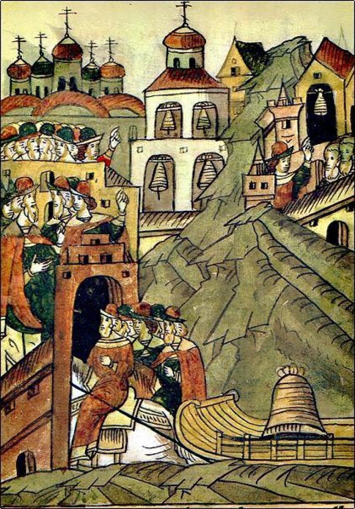 Увоз вечевого колокола из Новгорода в миниатюре XVI века