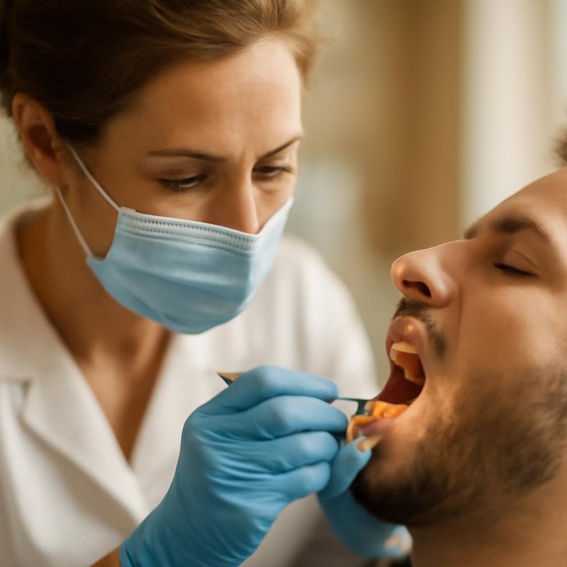 Стоматолог проводит осмотр десен у пациента